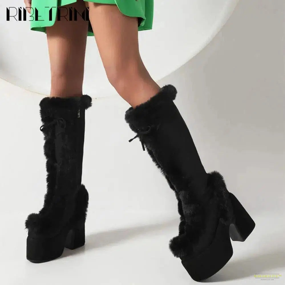 Punk Goth Women Boots Fur Halloween Cosplay Chunky Block Heel Platform Shoes Knee High Brand Designer Party Warm Boots