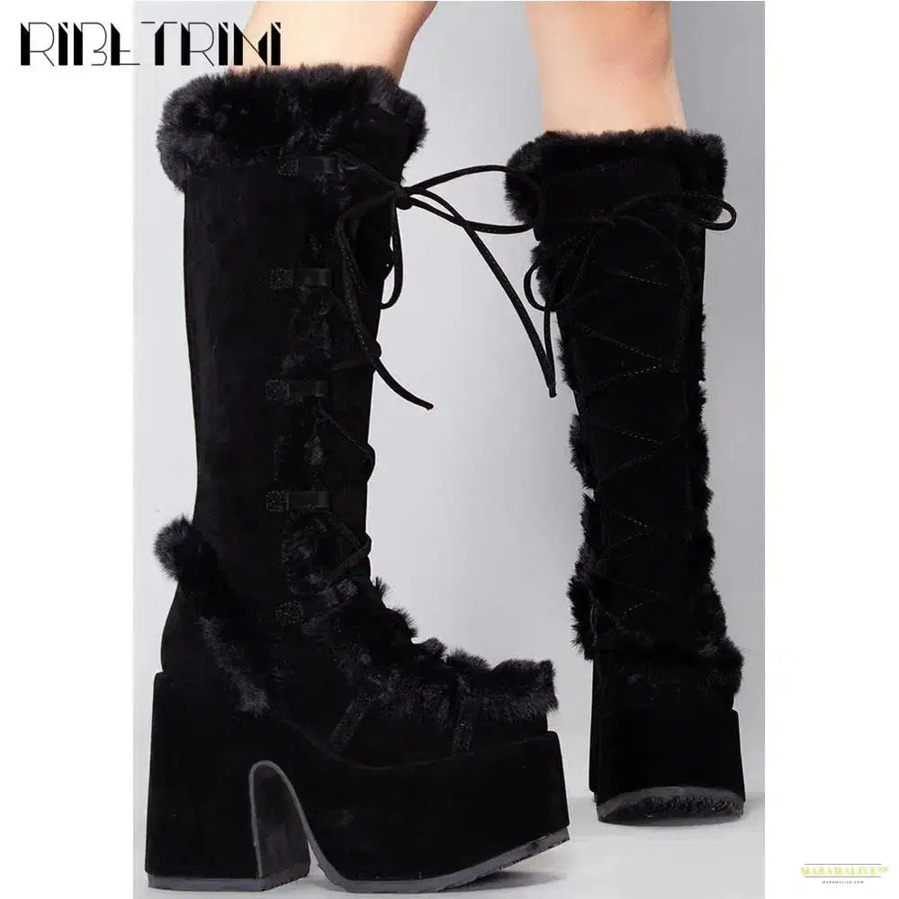 Punk Goth Women Boots Fur Halloween Cosplay Chunky Block Heel Platform Shoes Knee High Brand Designer Party Warm Boots