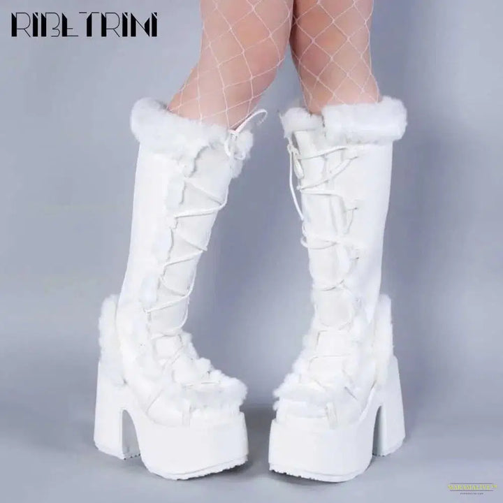 Punk Goth Women Boots Fur Halloween Cosplay Chunky Block Heel Platform Shoes Knee High Brand Designer Party Warm Boots