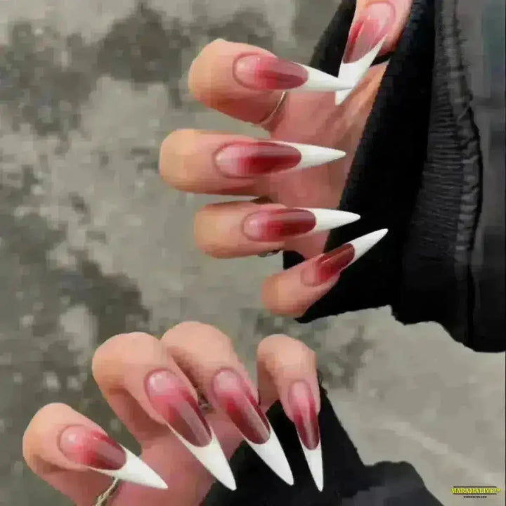 Punk Gothic Red White Halo Dyeing Smudging Gradient Long Pointed False Nails - Halloween Detachable Fake Nails Art Press-on Nails