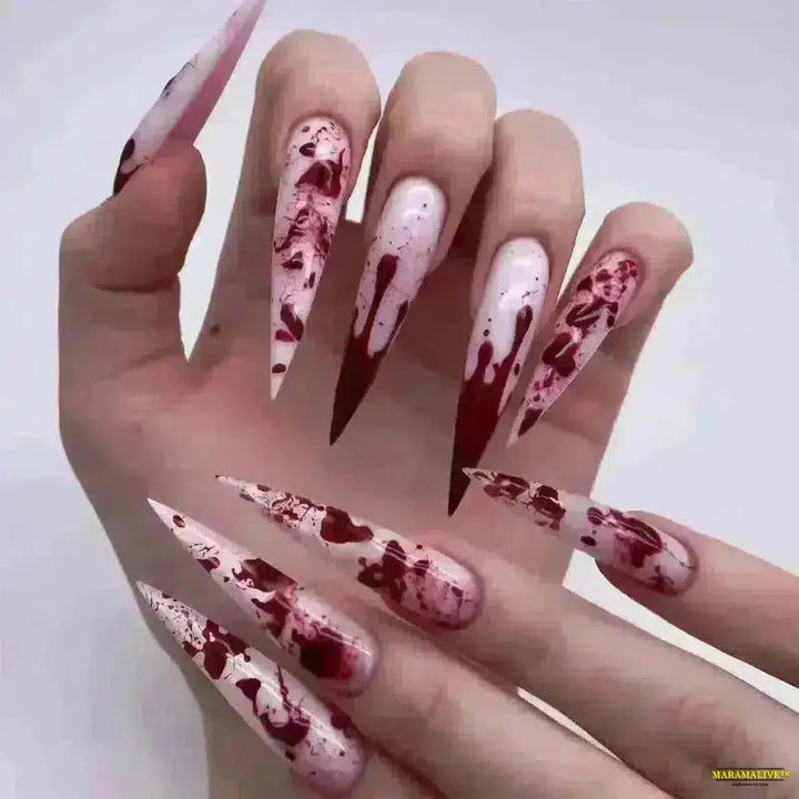 Punk Gothic Red White Halo Dyeing Smudging Gradient Long Pointed False Nails - Halloween Detachable Fake Nails Art Press-on Nails