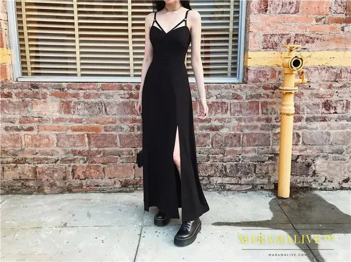 Punk Gothic Women Black Sexy Deep V-neck Dress Summer Elegant Fashion Dark Halter High Waist Split Dresses