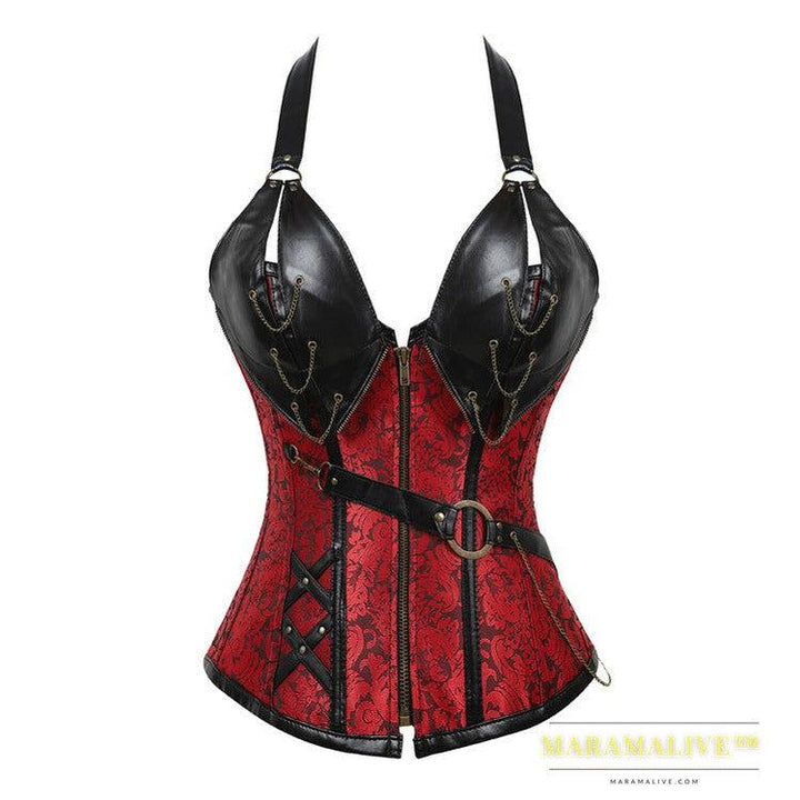 Punk Leather Corset With Belt Halter Shape Body