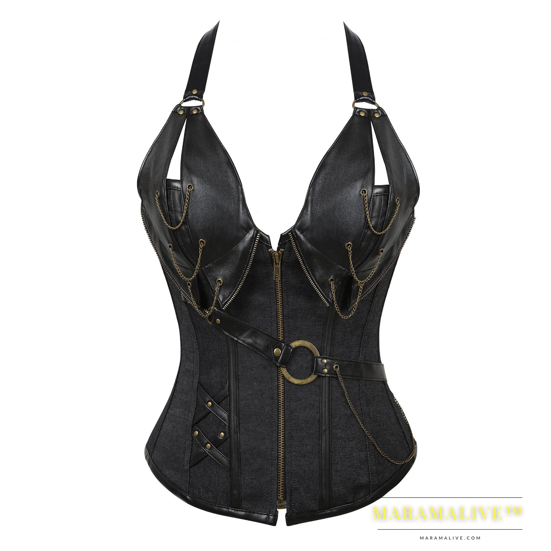 Punk Leather Corset With Belt Halter Shape Body