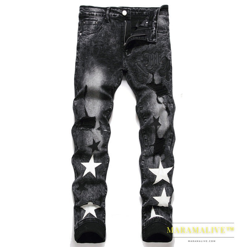 Punk Men's Jeans Hole Embroidery Five-pointed Star