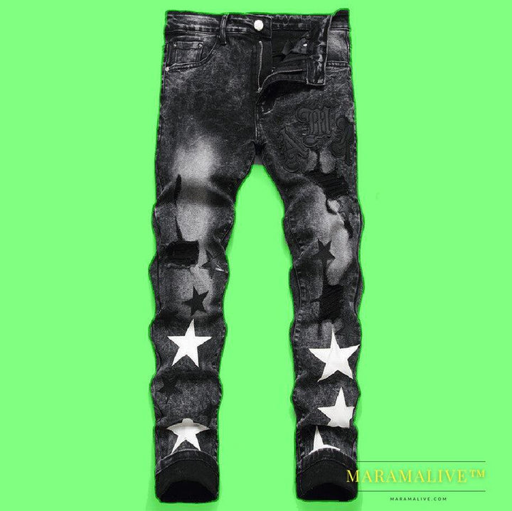 Punk Men's Jeans Hole Embroidery Five-pointed Star