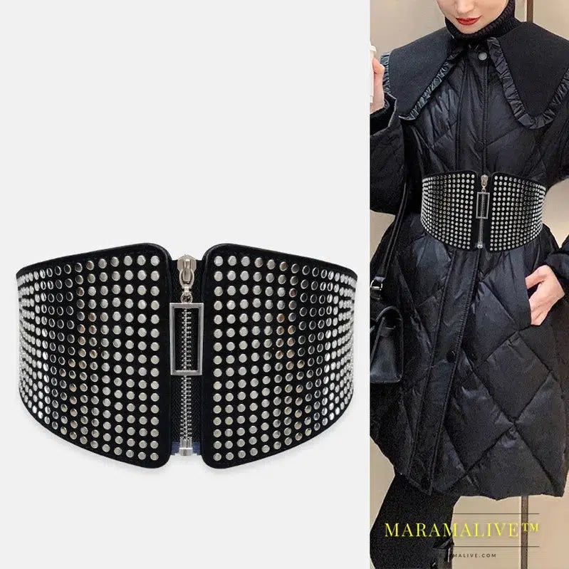 Punk Rivet Inlay Wide Elastic Corset Belt Female Waist Goth Plus Size Stretch Cummerbunds Big Designer Belts For Women Waistband