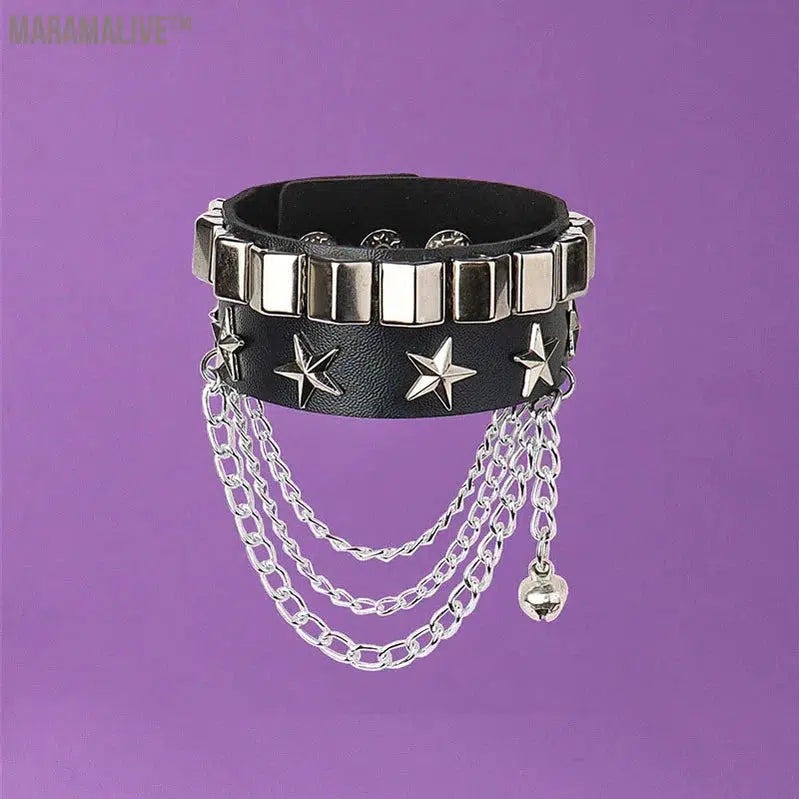 Punk Rivet Star PU Leather Bracelet For Women Men Hip Hop Gothic Dark Girl Rock Jewelry Pendant Love Chain Hip Hop Accessories