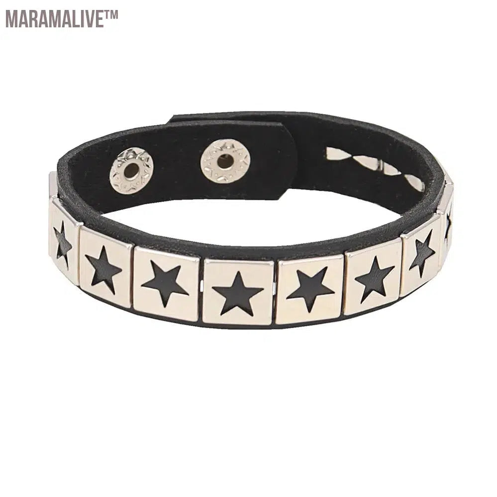 Punk Rivet Star PU Leather Bracelet For Women Men Hip Hop Gothic Dark Girl Rock Jewelry Pendant Love Chain Hip Hop Accessories