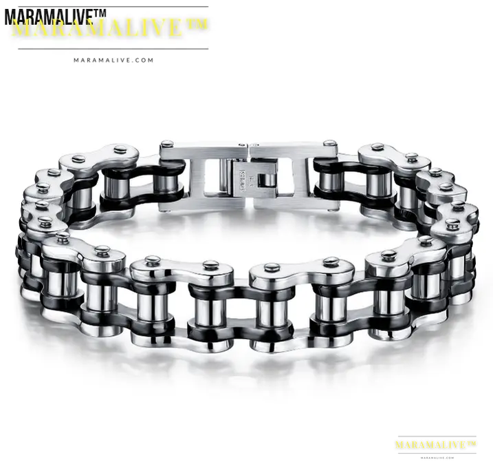 Punk Rock Stainless Steel Biker Bracelet with Link Chain - Men's Motorcycle Bike Chain Jewelry