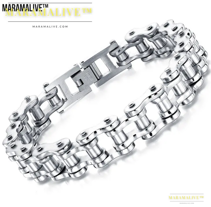 Punk Rock Stainless Steel Biker Bracelet with Link Chain - Men's Motorcycle Bike Chain Jewelry