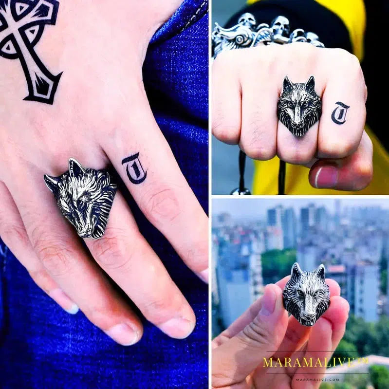 Punk Stainless Steel Thor Hammer Mjolnir Viking Wolf Head Ring For Man Amulet Punk Man's Fashion Animal Jewelry