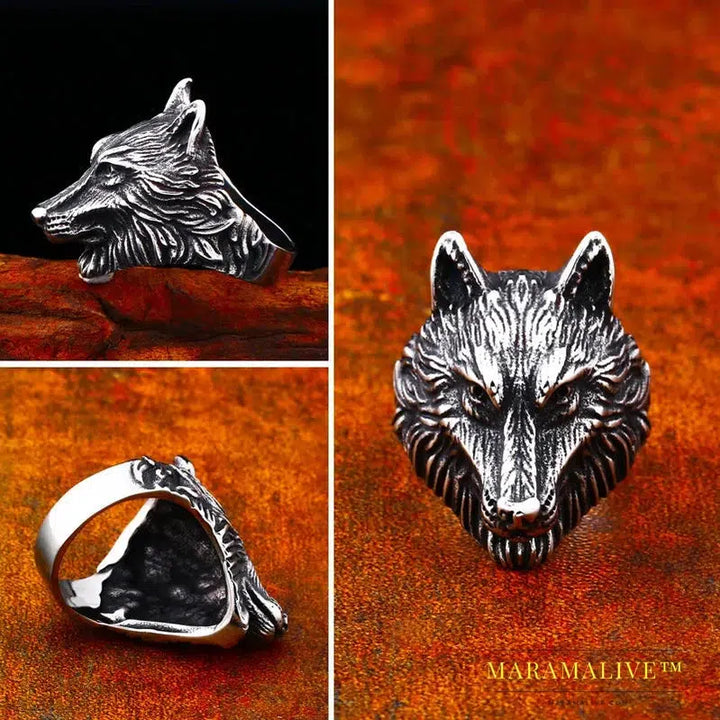 Punk Stainless Steel Thor Hammer Mjolnir Viking Wolf Head Ring For Man Amulet Punk Man's Fashion Animal Jewelry