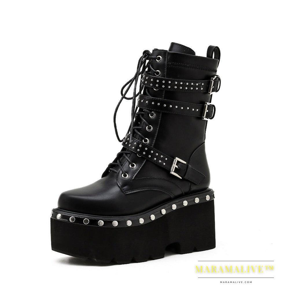 Punk Studded Platform And Fleece Boots