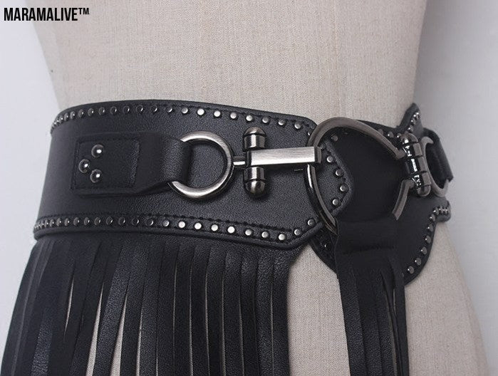 Punk Style Long Fringed Skirt Women's Studded Elastic Black Belt