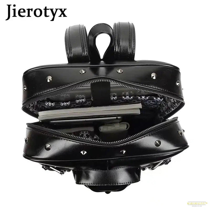 Punk Style Travel Bag for Women and Men Black Skull Daypack Backpack Belt Buckle Decor Skeleton Gothic Bags Large