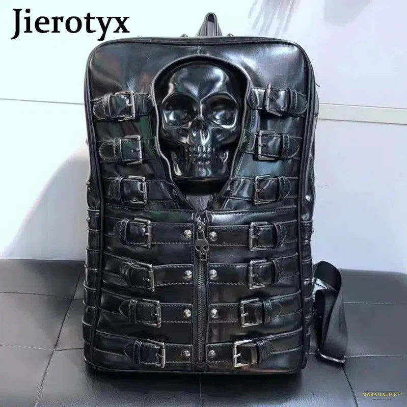 Punk Style Travel Bag for Women and Men Black Skull Daypack Backpack Belt Buckle Decor Skeleton Gothic Bags Large