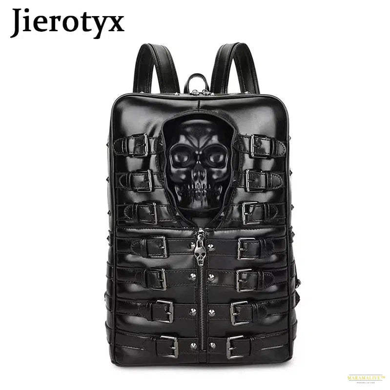 Punk Style Travel Bag for Women and Men Black Skull Daypack Backpack Belt Buckle Decor Skeleton Gothic Bags Large