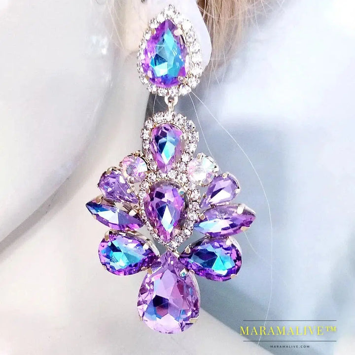 Purple Crystal Dangle Earrings for Women Studs Wedding Free Shipping Water Drop Statement Rhinestone Earrings Jewelry