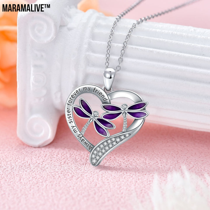 Purple Dragonfly Pendant Necklace in White Gold Plated Sterling Silver