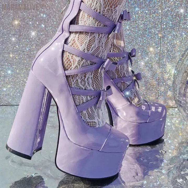 Purple Lolita Women's High Heels 15cm with Thick Bottom Buckle Round Head Hollow Out for Comfort Sweet Sandals