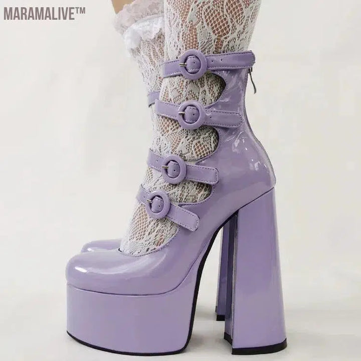 Purple Lolita Women's High Heels 15cm with Thick Bottom Buckle Round Head Hollow Out for Comfort Sweet Sandals