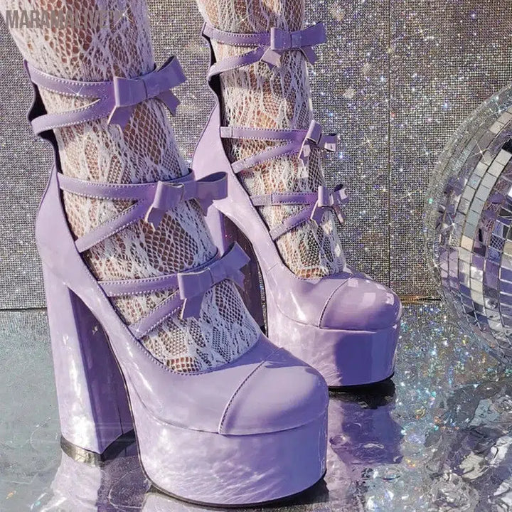 Purple Lolita Women's High Heels 15cm with Thick Bottom Buckle Round Head Hollow Out for Comfort Sweet Sandals