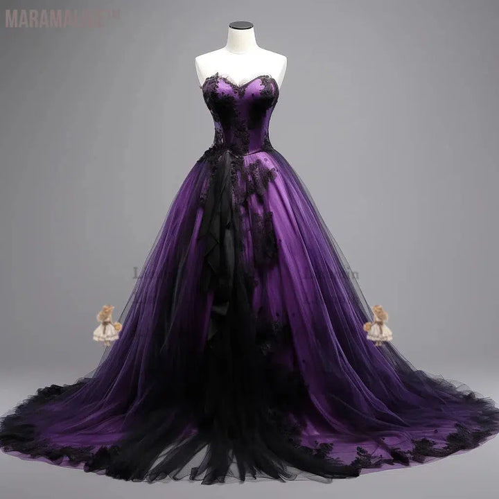 Purple and Black Lace Applique Strapless Ball Gown Full Length Evening Party Prom Dress Formal Occasion Hand Made Custom W2-3