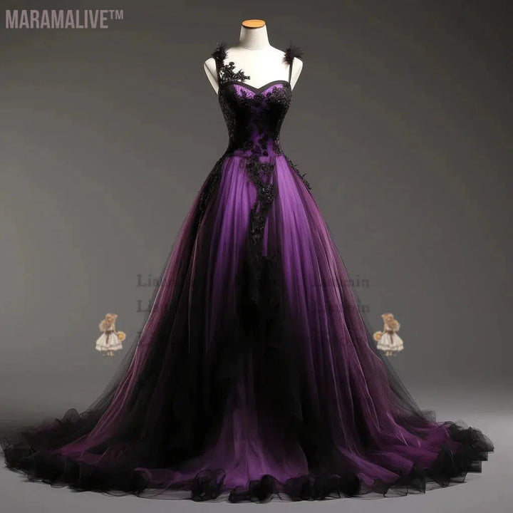 Purple and Black Lace Applique Strapless Ball Gown Full Length Evening Party Prom Dress Formal Occasion Hand Made Custom W2-3