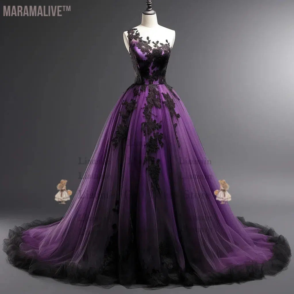 Purple and Black Lace Applique Strapless Ball Gown Full Length Evening Party Prom Dress Formal Occasion Hand Made Custom W2-3