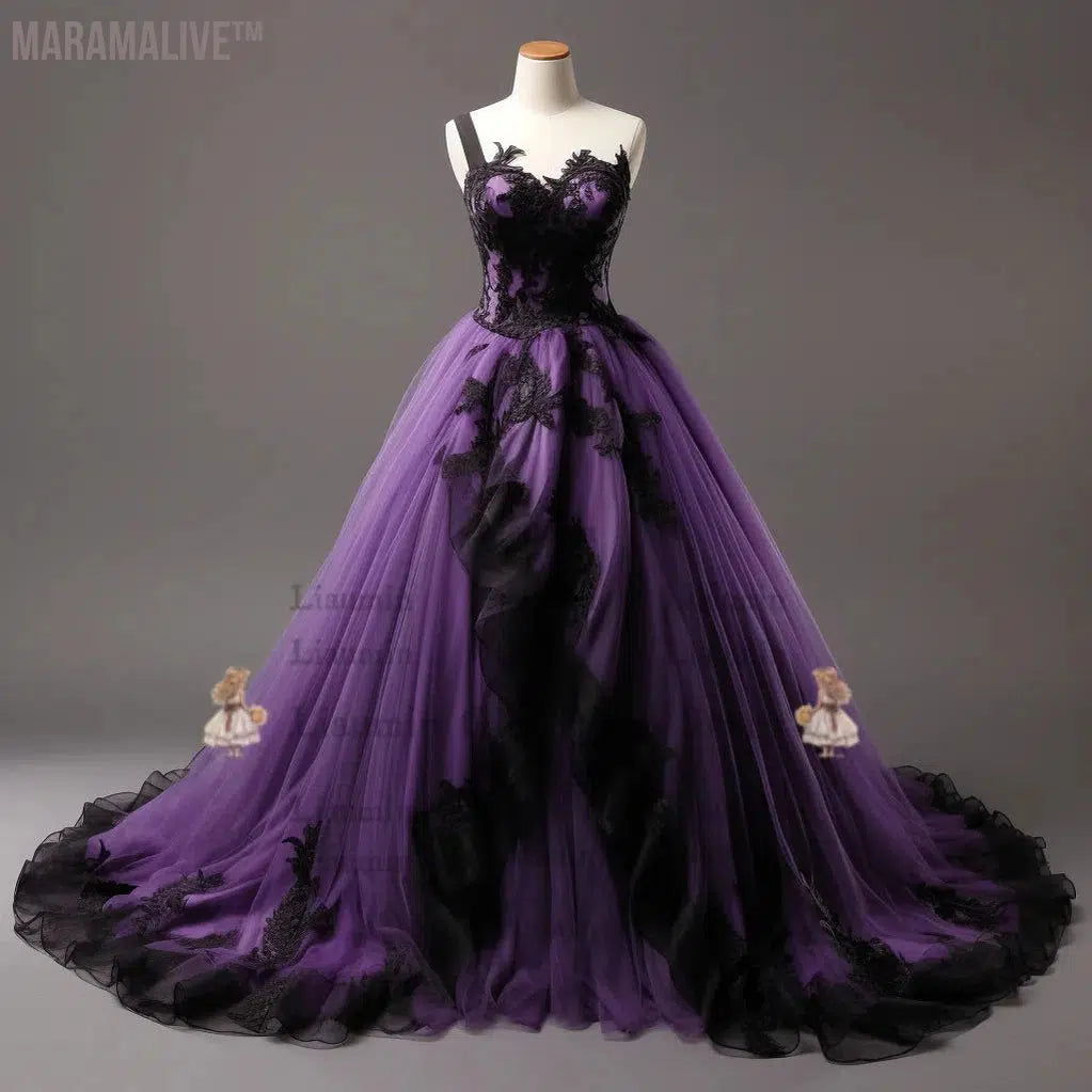 Purple and Black Lace Applique Strapless Ball Gown Full Length Evening Party Prom Dress Formal Occasion Hand Made Custom W2-3