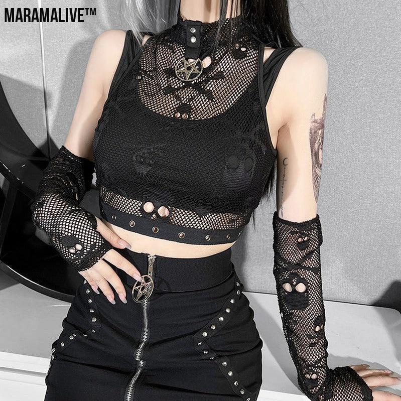 Raven’s Song: Skull Mesh Sleeve Lace See-through Gothic Vest Two-piece