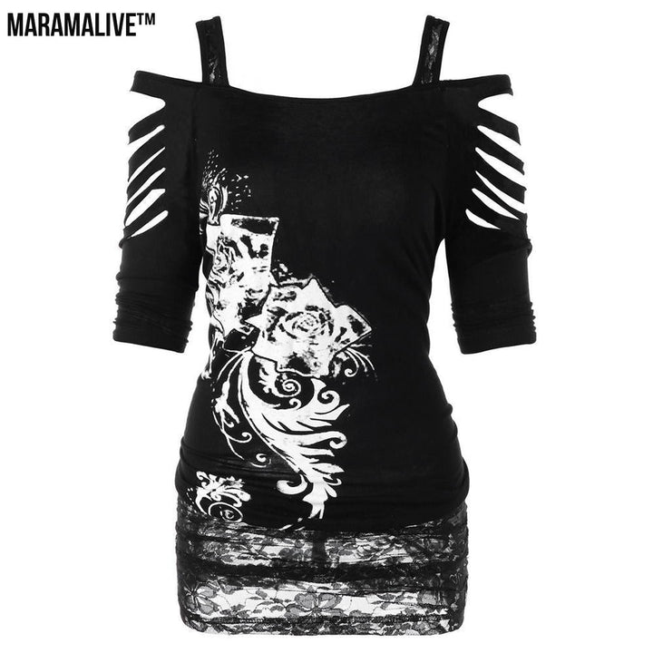 Rebel Without a Sleeve - New Off Shoulder Printed Rock Gothic Sling T-Shirt