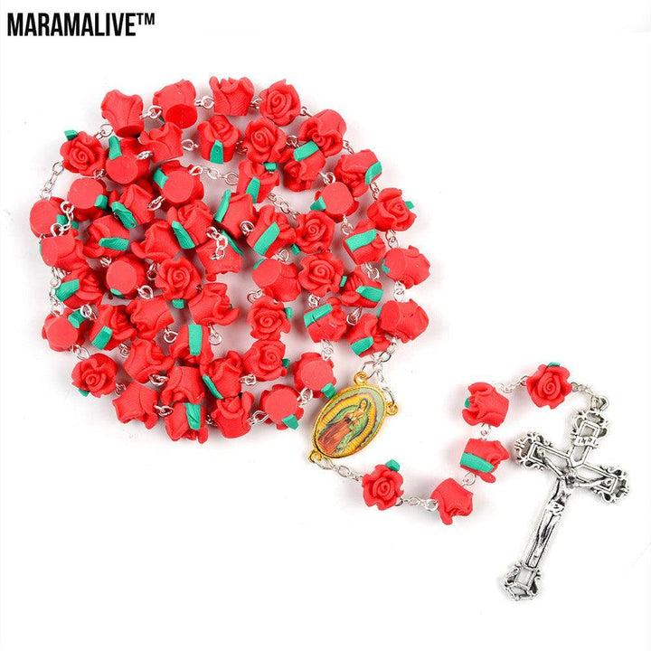 Red Clay Rose Catholic Rosary Necklace