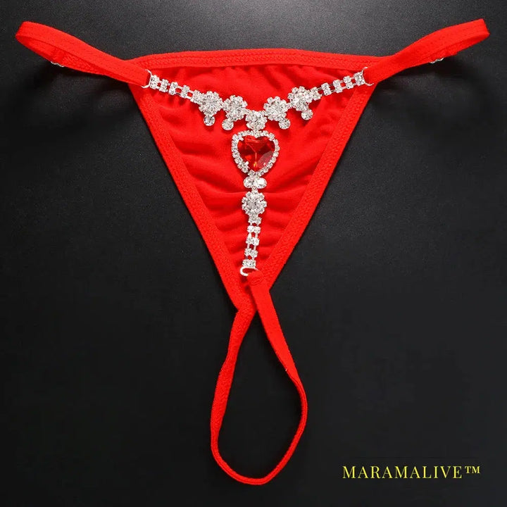 Red Crystal Sexy Bikini Thong Lingerie Clothing for Women Luxury Swimsuit Rhinestone Heart Panties Body Jewelry Gift