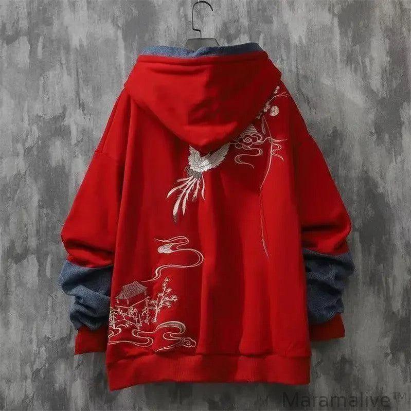 Red Hoodies Hip Hop Embroidered Hooded Top Grunge 2023 Women's Sweatshirt Baggy Sport Loose with Orint on Emo Xxl Woman Clothing