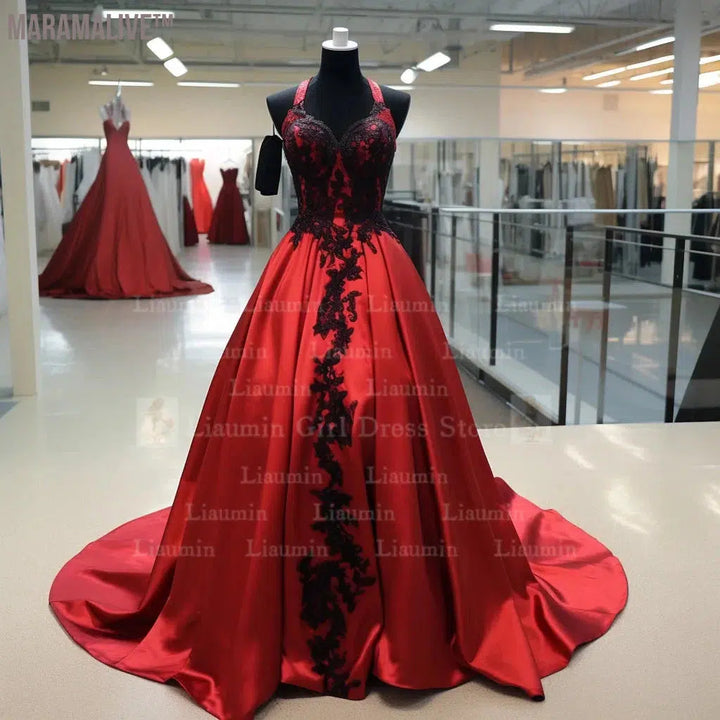 Red Satin With Black Lace Edge Applique Floor Length Lace Up Evening Dress Birthday Party Elegant Clothing Princess SKirt