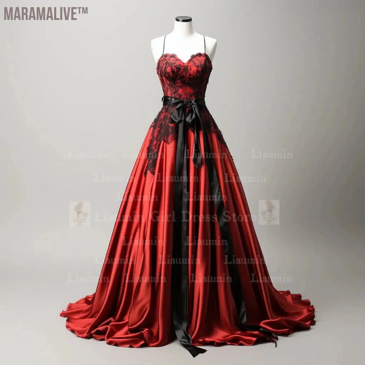 Red Satin With Black Lace Edge Applique Floor Length Lace Up Evening Dress Birthday Party Elegant Clothing Princess SKirt