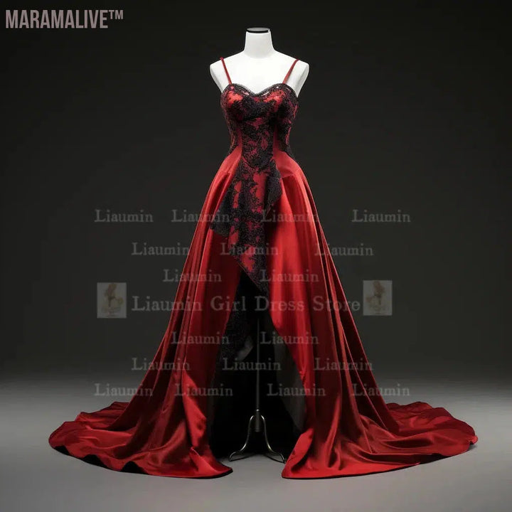 Red Satin With Black Lace Edge Applique Floor Length Lace Up Evening Dress Birthday Party Elegant Clothing Princess SKirt