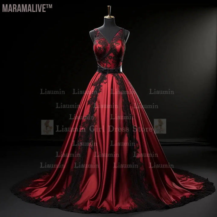 Red Satin With Black Lace Edge Applique Floor Length Lace Up Evening Dress Birthday Party Elegant Clothing Princess SKirt