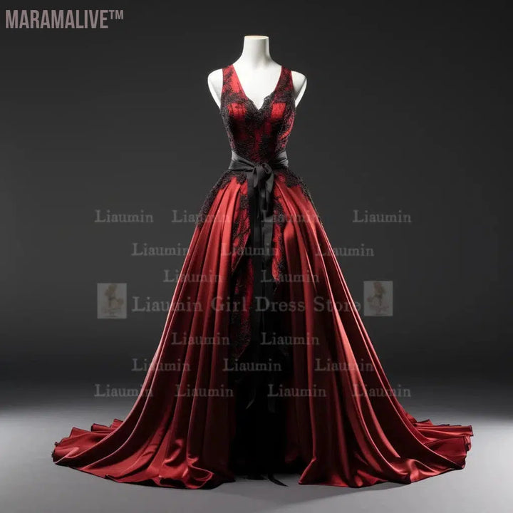 Red Satin With Black Lace Edge Applique Floor Length Lace Up Evening Dress Birthday Party Elegant Clothing Princess SKirt