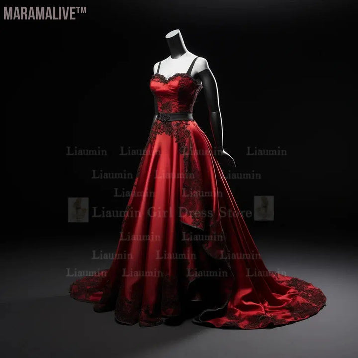 Red Satin With Black Lace Edge Applique Floor Length Lace Up Evening Dress Birthday Party Elegant Clothing Princess SKirt