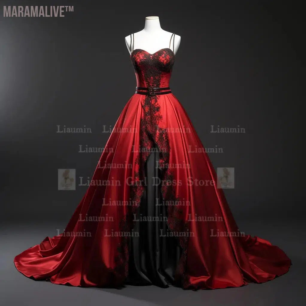 Red Satin With Black Lace Edge Applique Floor Length Lace Up Evening Dress Birthday Party Elegant Clothing Princess SKirt