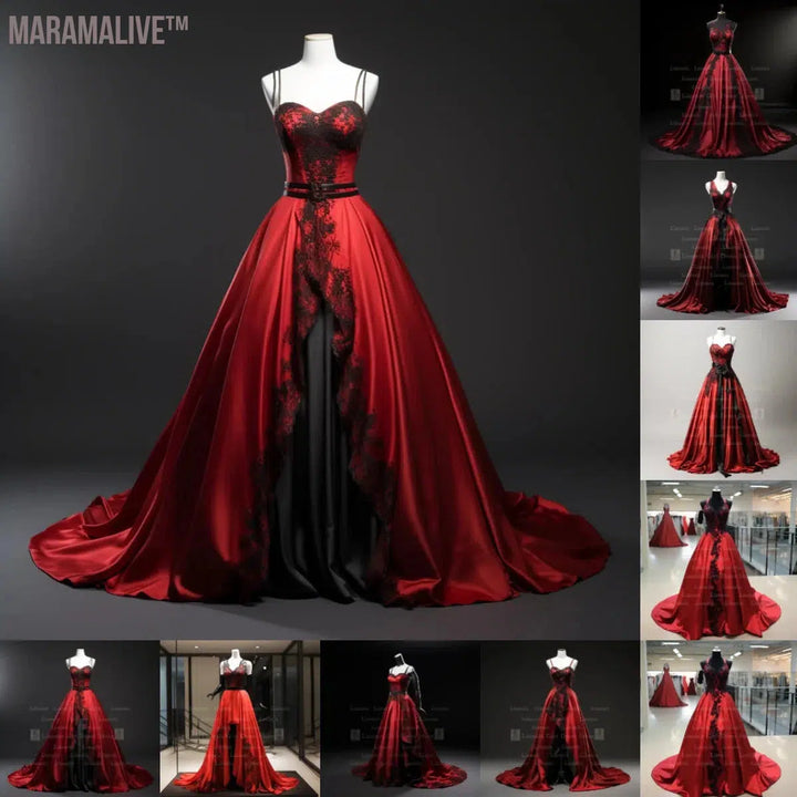 Red Satin With Black Lace Edge Applique Floor Length Lace Up Evening Dress Birthday Party Elegant Clothing Princess SKirt