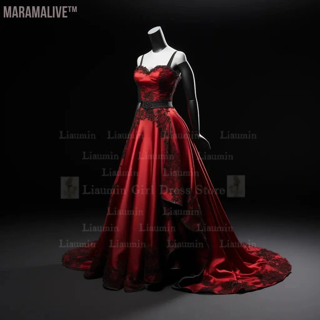 Red Satin With Black Lace Edge Applique Floor Length Lace Up Evening Dress Brithday Party Elagant Clothing Princess SKirt W1-13