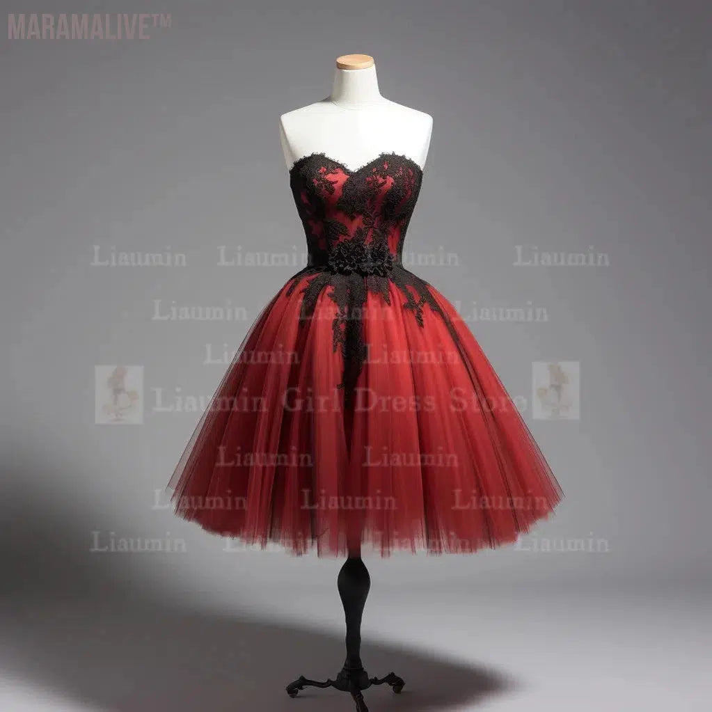 Red and Black Lace Edge Applique Short Length Lace Up Evening Dress Formal Occasion Elegant Clothing Hand Made Custom