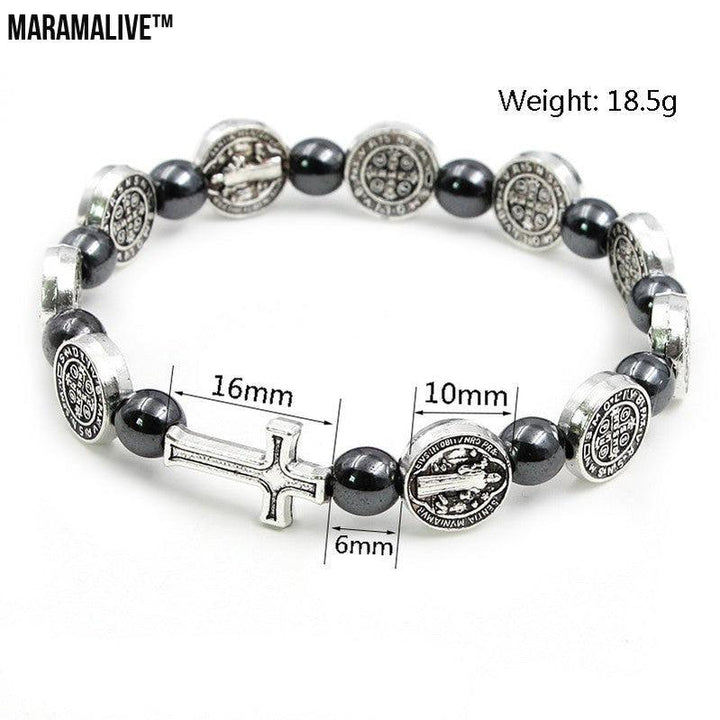 Religious Character Pattern Hematite Rosary Bracelet