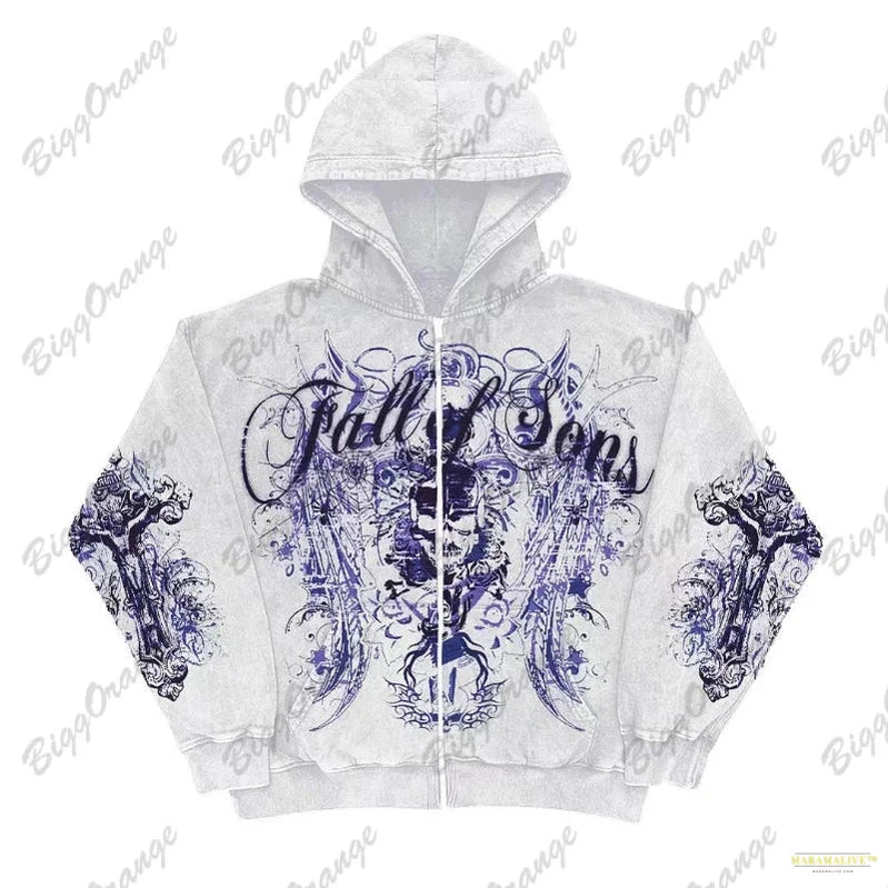 Retro Fashion Gothic Skull Bone Print Oversized Hoodie women Y2K Street Hip Hop Versatile Slim Casual Sweater Clothes