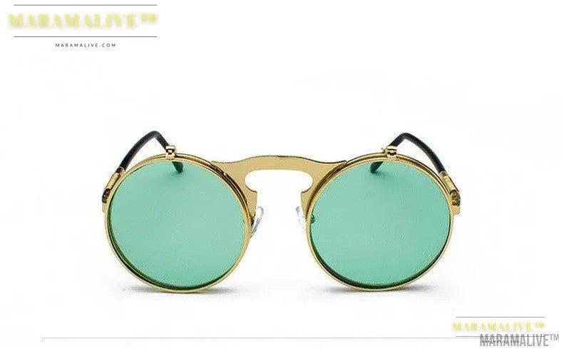 Retro Metal Steampunk Flip Sunglasses Round Frame