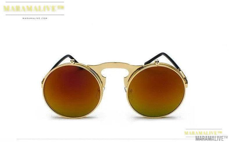 Retro Metal Steampunk Flip Sunglasses Round Frame